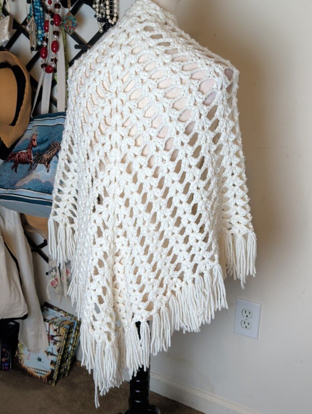 Vintage Handmade Crochet Fringe Shawl Cottagecore Prairie Festival Wrap